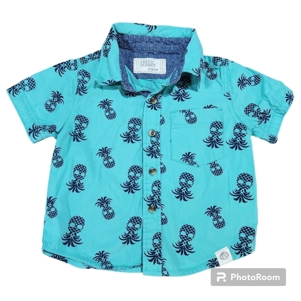 Free Planet Toddler 100% Cotton Short Sleeve Collared Button up Shirt, Size 18M.